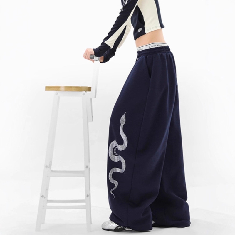 Trendy Rhinestone Silver Snake Curved Casual Pants for Men and Women, Autumn Hip-Hop Heavy Wide-Leg Pants, Couple Loose Sweatpants