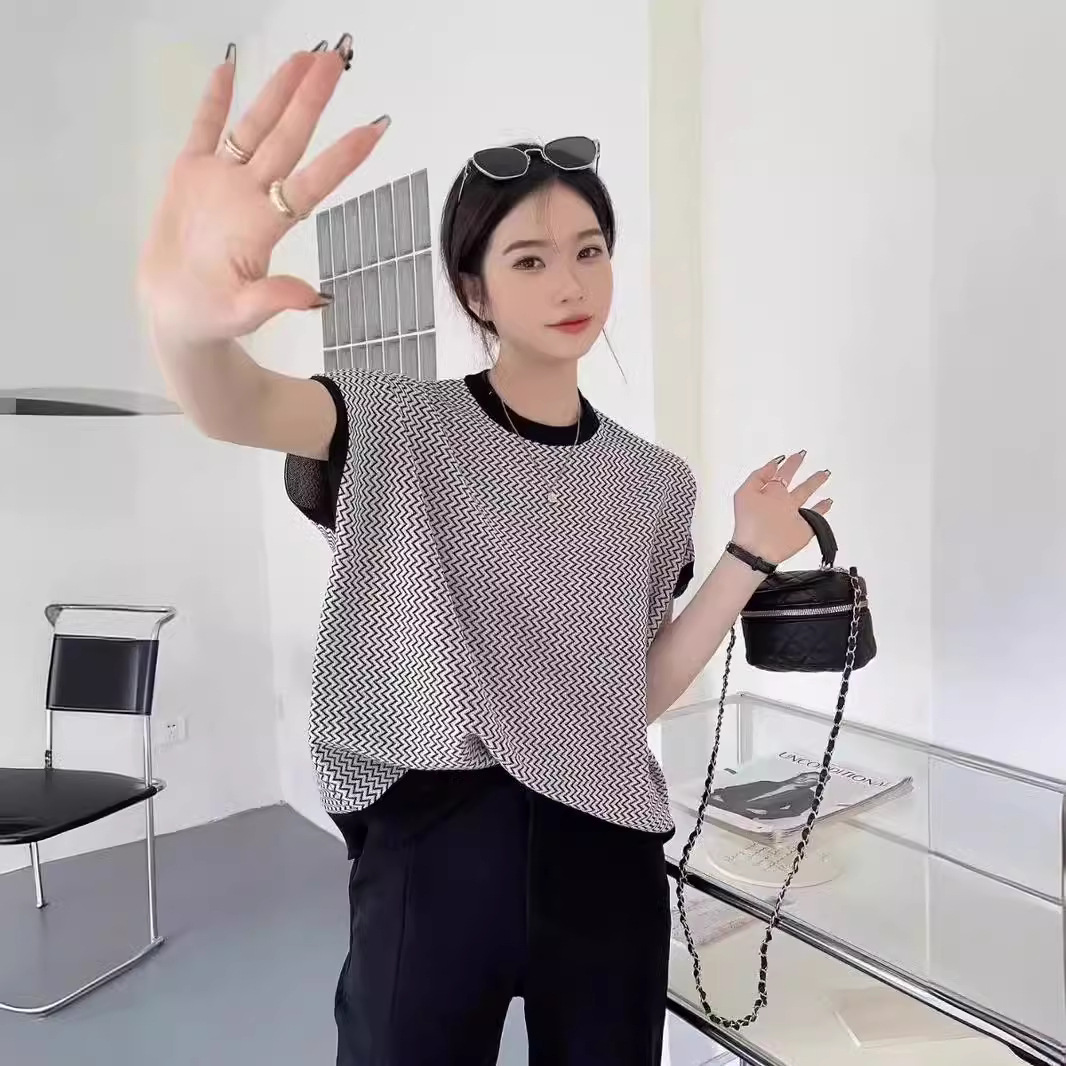 Spring new wave pattern simple retro loose sleeveless knitted pullover college style casual waistcoat women's fashion