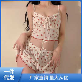 2023甜美草莓蝴蝶结吊带分体睡衣女吊带套装夏纯欲露脐家居从娜幽