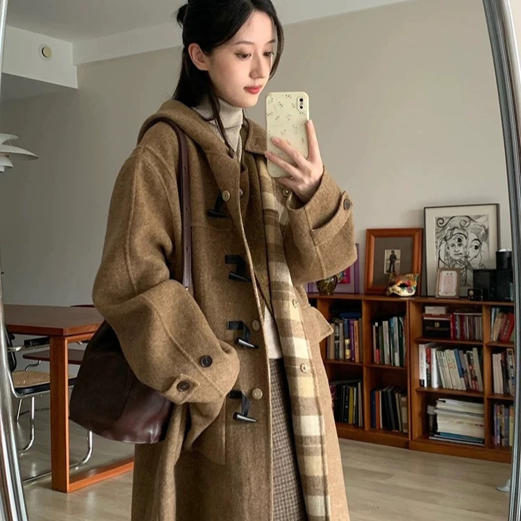 [빈티지 그리드의 양쪽에 착용 가능] 하이 엔드 센스 가을과 겨울 새로운 빈티지 체크 무늬 호른 버클 느슨한 버전의 울 코트