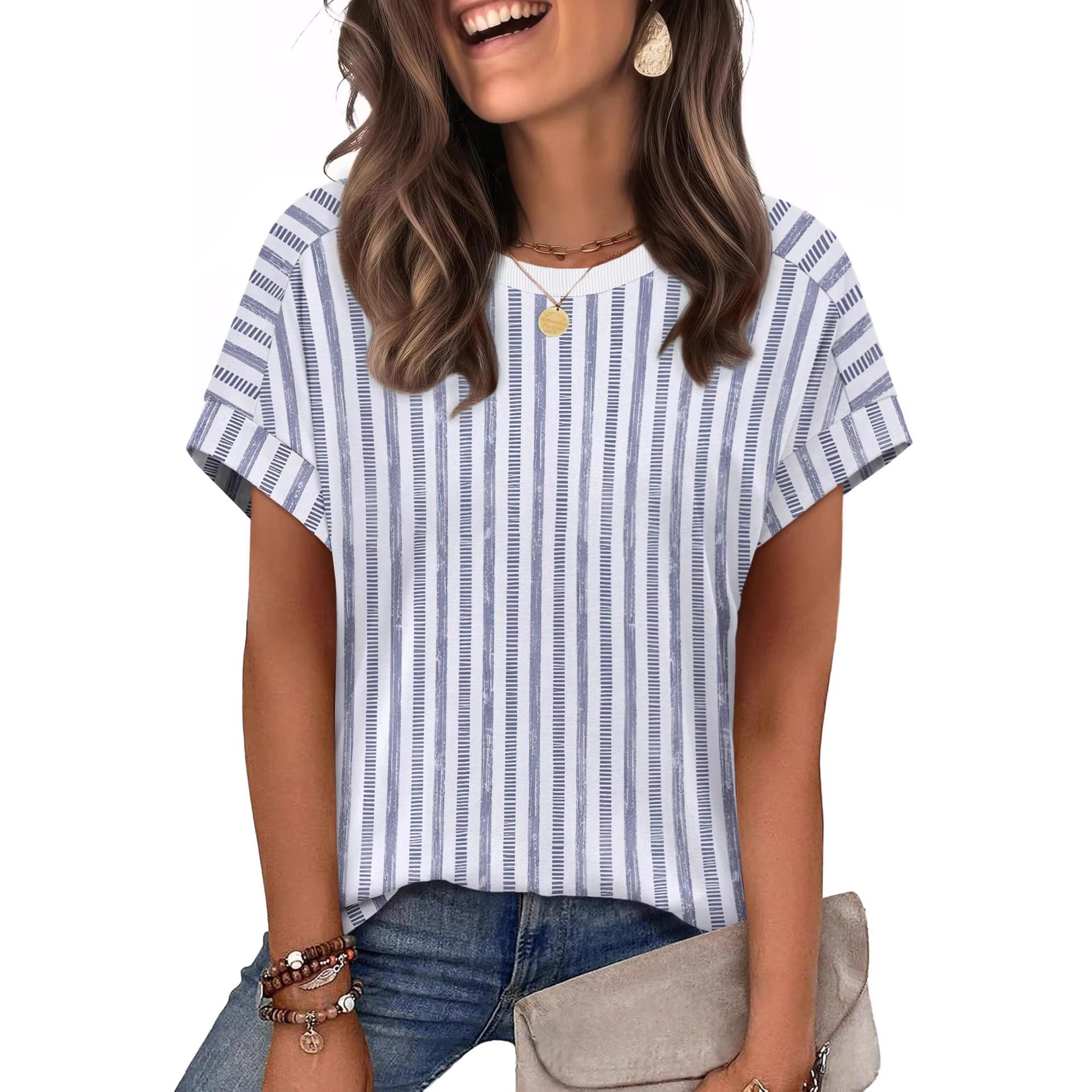 Summer New Women's Round Neck Casual Striped T-Shirt Short Sleeve Top American Style_ecoleips.com