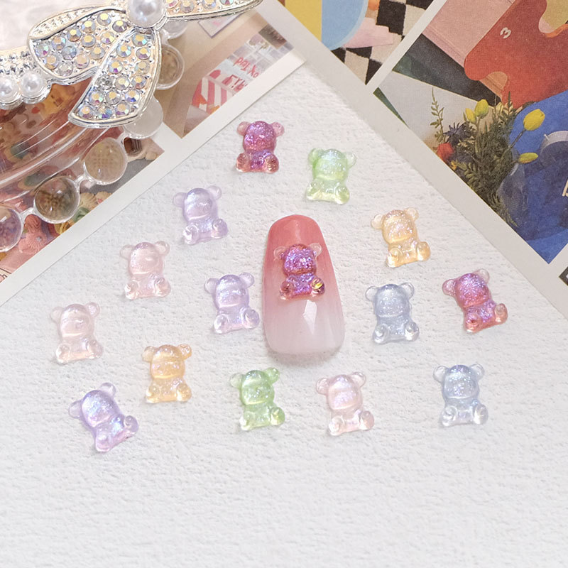 Fresh and sweet glittering resin cartoon bear resin small accessories DIY hand-made nail art accessories material bag