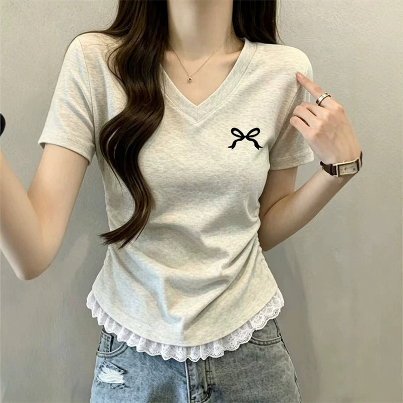 Especially Beautiful Lace Waist-Cinching Top, 2026 Summer New Hot Style Sweet V-Neck Blouse, Regular Shoulder Short-Sleeve T-Shirt for Women Especially Beautiful Lace Waist-Cinching Top, 2026 Summer New Hot Style Sweet V-Neck Blouse, Regular Shoulder Short-Sleeve T-Shirt for Women