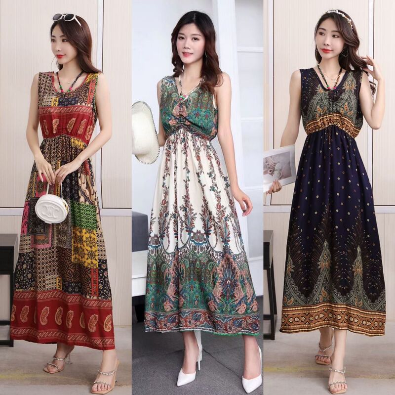 New Sleeveless Cotton Silk Dress Women's Summer Ethnic Style Long Printed Dress Bohemian Large Size Slimming Beach Dress