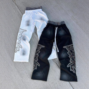 Hip Hop Drawstring Streetwear Casual Pants 2025 Sports Loose Wide Leg Double Waist Trousers High Street Black White Green