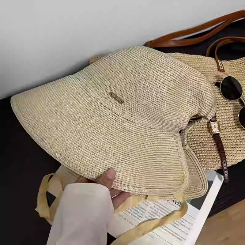 ラップトップランプシェード麦わら帽子女性のための 2025 新しい夏大きなつばレースアップ日焼け止め帽子旅行漁師帽子|undefined