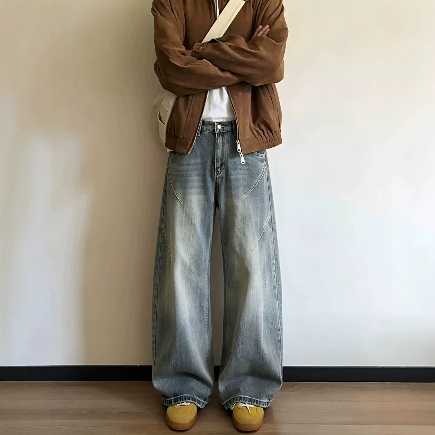 2026男美式竹节纹水洗弯刀牛仔裤男女复古潮流宽松百搭阔腿长裤