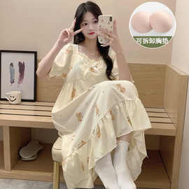 带棉垫睡裙女夏季卡通可爱蝴蝶结短袖睡衣春秋天薄款家居服可外穿