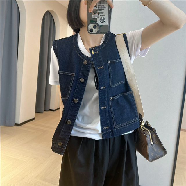 Spring is Not Late Fashionable Retro dark blue Round Neck Short Denim Vest Stacked All-match Sleeveless Vest Jacket for Women