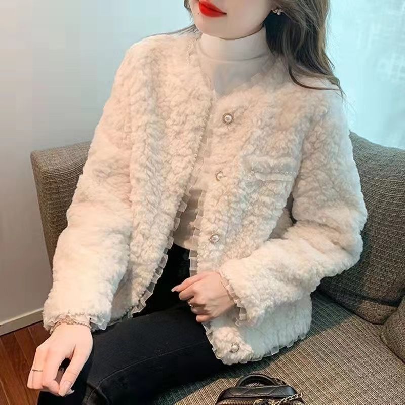 加厚保暖小香风外套女秋冬季蕾丝花边感羊羔毛外套女韩系新款