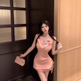 韩系夏季日系甜美纯欲风多巴胺抽绳吊带裙内搭挂脖短裙女两件套潮