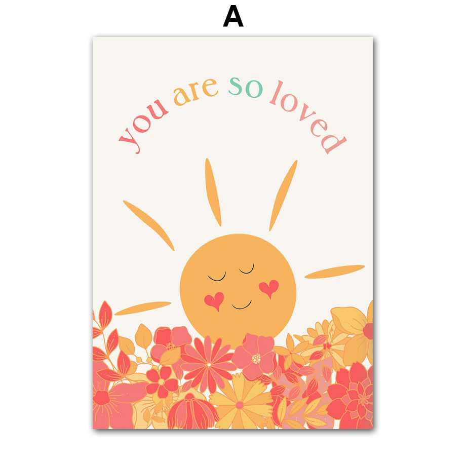 Modernes minimalistisches Kinderzimmer-Cartoon-Leinwandbild mit inspirierenden Zitaten zu Sonne, Mond und Regenbogen – ideal für Babyzimmer._voghion.com