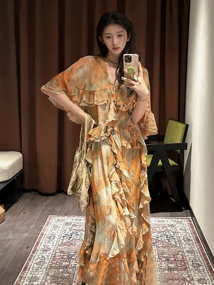 Đầm maxi nữ thắt eo họa tiết ombre cổ sen cách tân — Màu cam, Màu trắng be