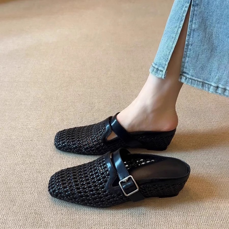In Stock For Immediate Dispatch ~ Vacation Style Woven Wedge Mules With Belt Buckle, Breathable Closed-Toe Outdoor_vogvips.com