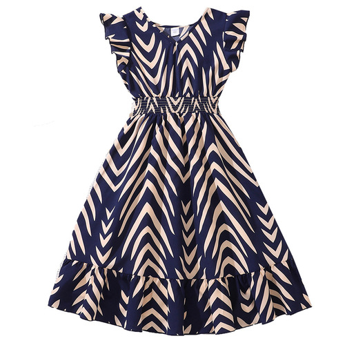 Girls' summer dress, new children's clothing, European and American style printed temperament sleeve dress for older children