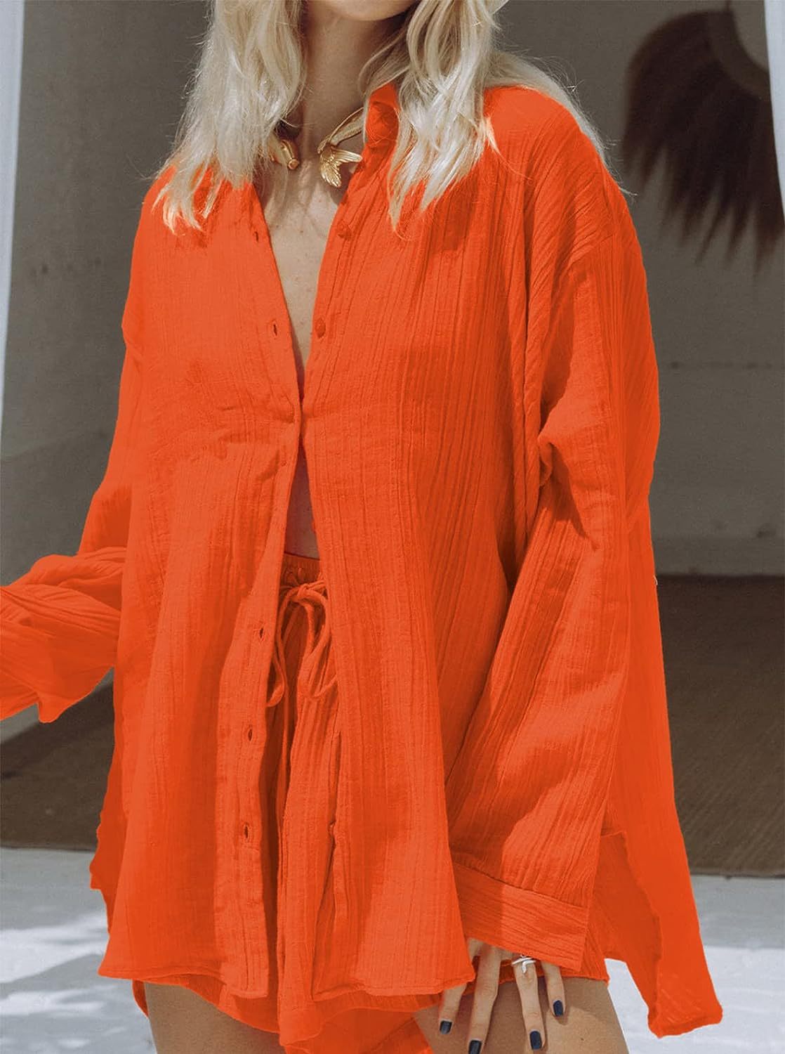 European American Style Women's Casual Two-Piece Set 2023 Summer New Long Sleeve Shirt Top And Shorts Sports Suit_ecoleips.com