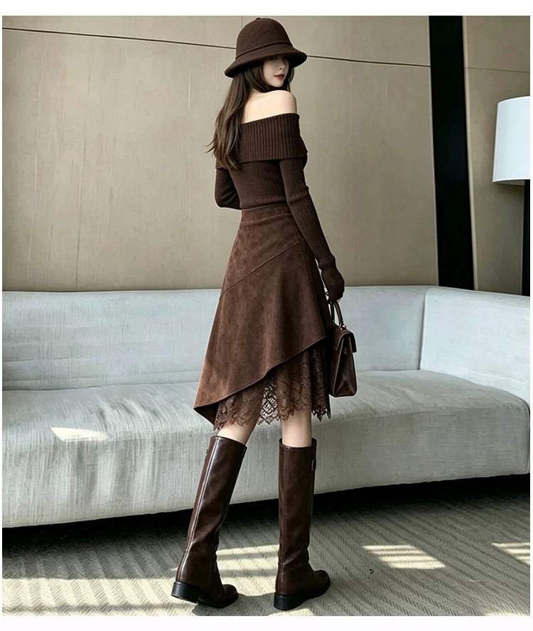 Chân váy nữ dáng chữ A eo cao lưng cao phong cách thanh lịch, chất liệu da hươu mềm mịn, thiết kế bất đối xứng, dáng trung dài — Màu cà phê đậm, màu kaki, đen chi tiết 25