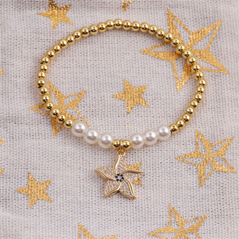 Pulsera De Estrella De Mar De Circón De Cuentas Redondas De Oro Real Plateado Cobre Al Por Mayor Nihaojewelry display picture 6