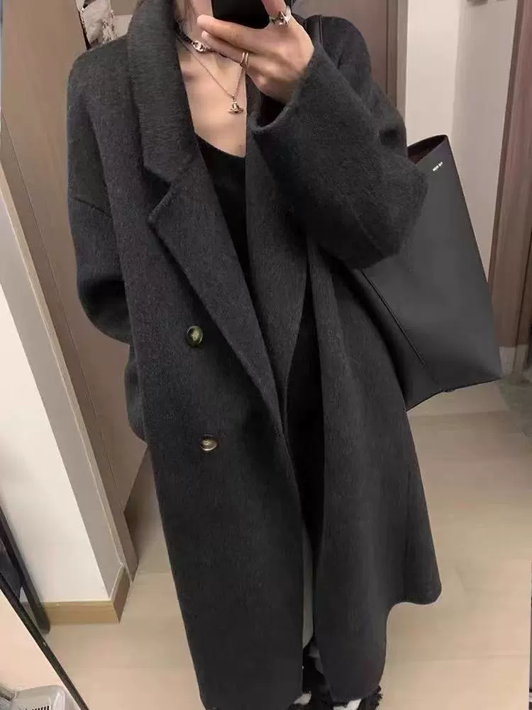 Double-faced Long Wool-Cashmere Coat, Korean Style, Fitted Demi-Season, Longline