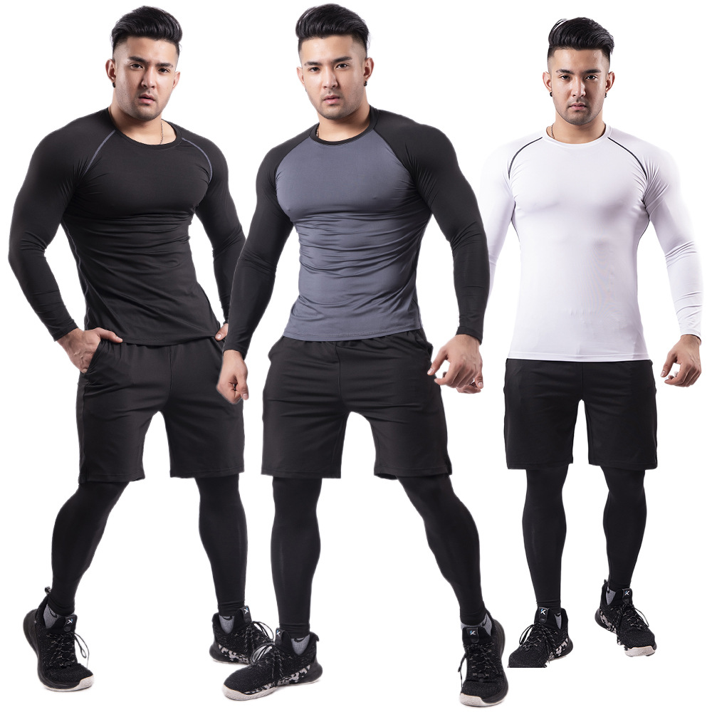 Cross-Border Fitness Clothing Men's Set Spring and Autumn Elastic Quick-Drying Tights Basketball Base Training Clothing Three-Piece Set