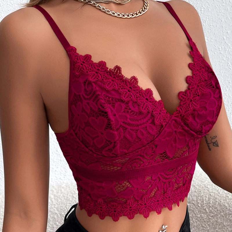 Solid Color Lace Deep V-Neck Wrap Chest Camisole NSSCY108558