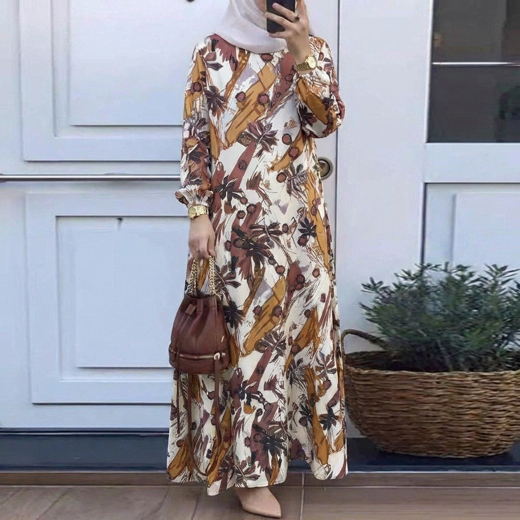In Stock Cross-Border New Printed Middle Eastern Muslim Malay Full Sleeve Round Neck Robe Long Dress Factory Wholesale_ecoleips.com