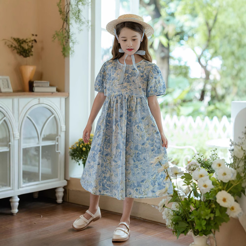 Girls Summer dress New Style Western Style Children's Skirt Summer Little Girl Floral Bubble Sleeve Cross-border Princess Dress