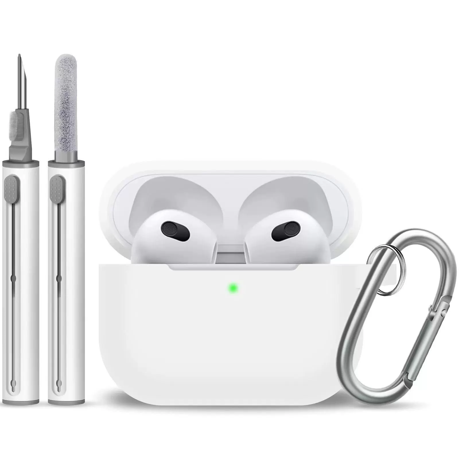 Защитный чехол (совместим с Apple AirPods) с однотонным карабином и чистящей палочкой, лёгкий