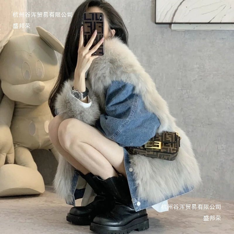 厂家2025新款网红牛仔拼接冬季仿狐狸毛派克服中长款皮草毛毛加厚