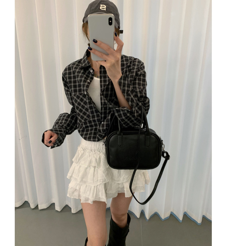 Nanyou's new autumn and winter plaid oversized short shirt with pleats, loose fit, dropped shoulders, casual and slimming long sleeves