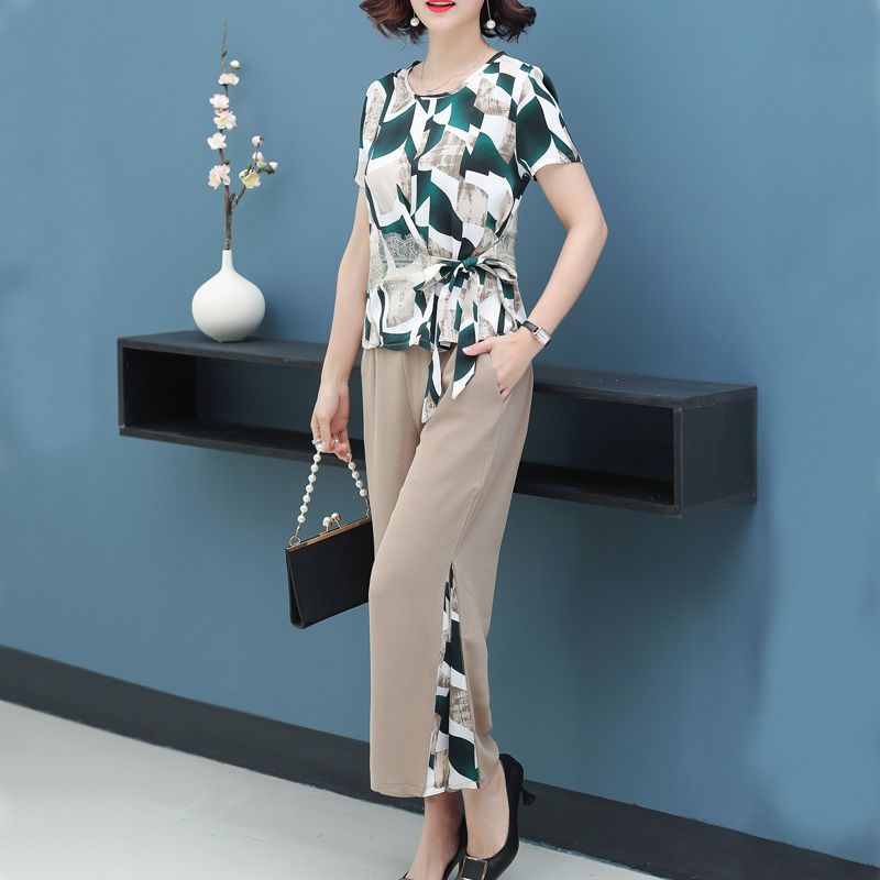 新款年轻妈妈减龄套装时尚中老年女夏装短袖恤雪纺阔腿裤两件套