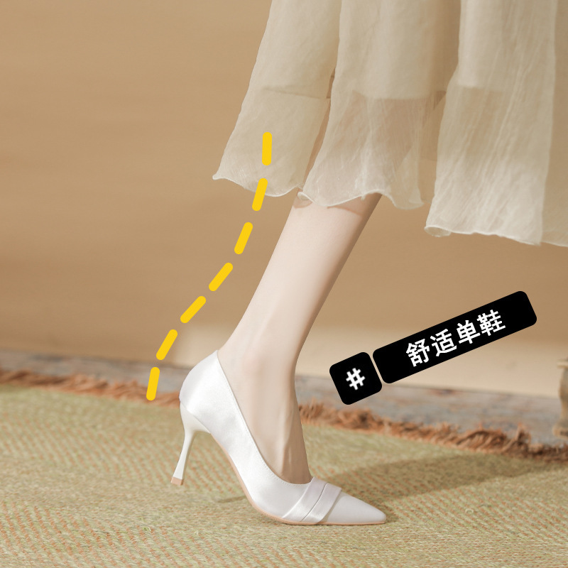 Daily Wearing Silk Satin Wedding Shoes White Champagne High-end Simple Elegant Main Wedding Shoes High Heel Bridal Shoes