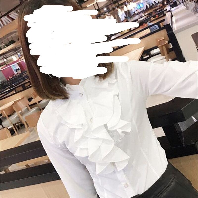 Popular 2026 stand-up collar ruffle trim women's long-sleeve shirt, fashionable versatile professional slim-fit stretch shirt for women