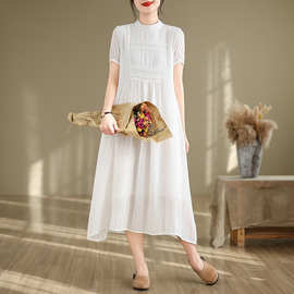 素雅白色连衣裙女夏季新款压褶立领气质长裙亚麻大码复古短袖裙子