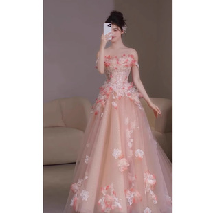 Pink Evening Dress for Women, High-End One-Shoulder Flower Engagement Dress, Birthday Party Host, Coming-Of-Age Ceremony Toast Dress for Bride
