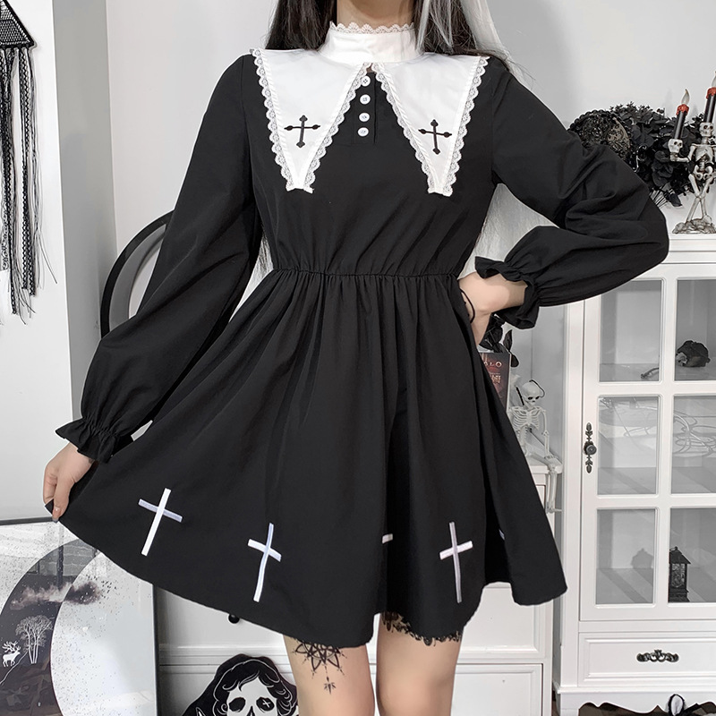 Dark Style High Collar Long-Sleeved Embroidery Dress NSGYB99116