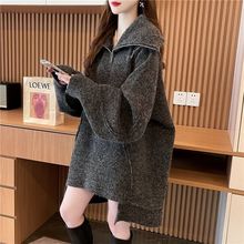 大码女装慵懒风中长款毛衣女冬季中长款拉链翻领冬季新款秋季宽松