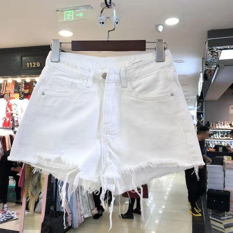 White Denim Frayed Shorts for Women, High-Waisted, 2025 Summer Thin Style, Slimming A-Line Loose Wide-Leg Trendy Hot Pants