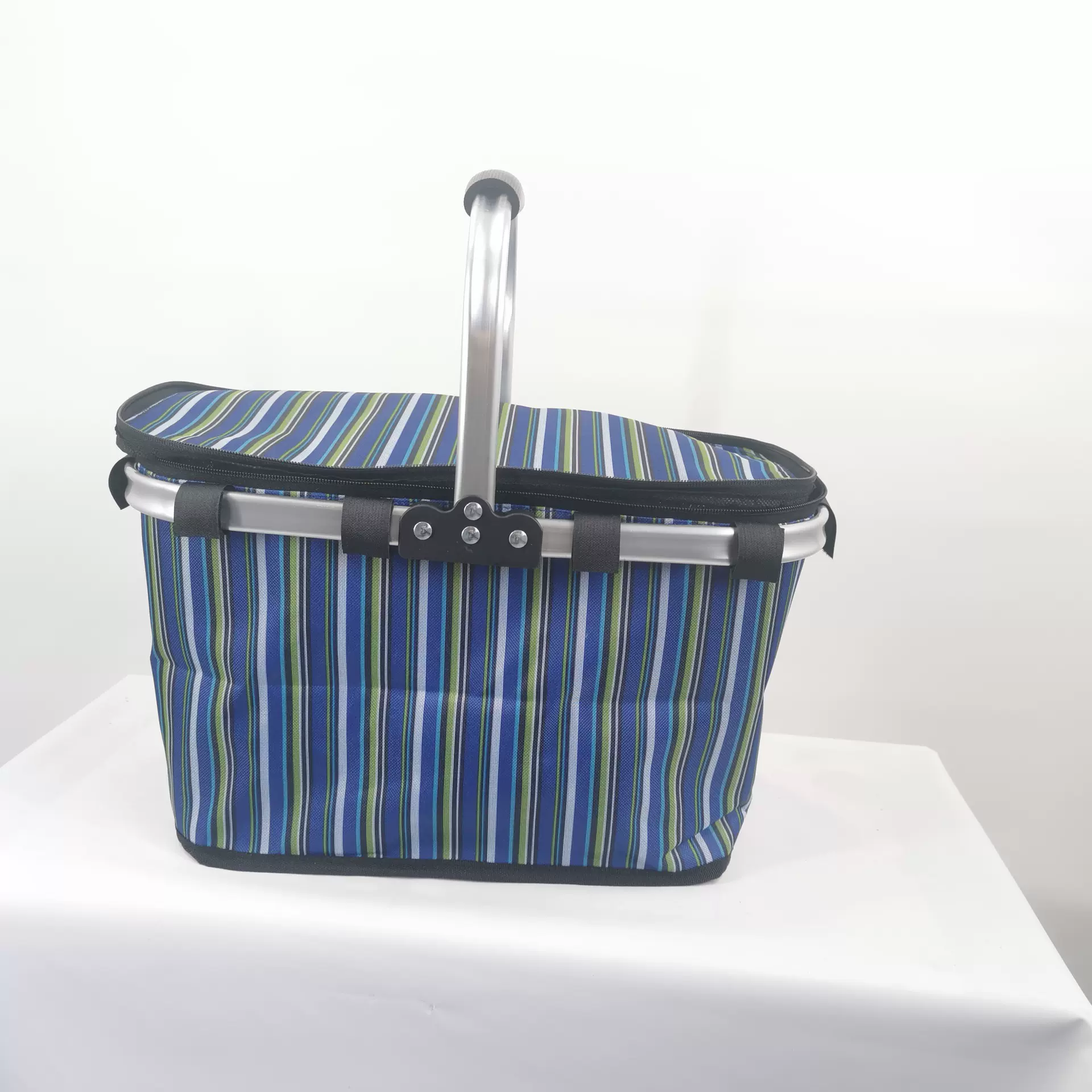 铝合金牛津花布拉链野餐包折叠手提收纳篮超市买菜篮送餐牛津布