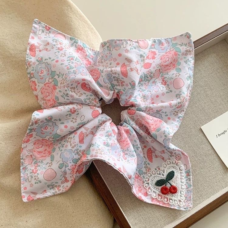 23# square scarf - pink rose, bunny, and cherry design - approximately 21cm