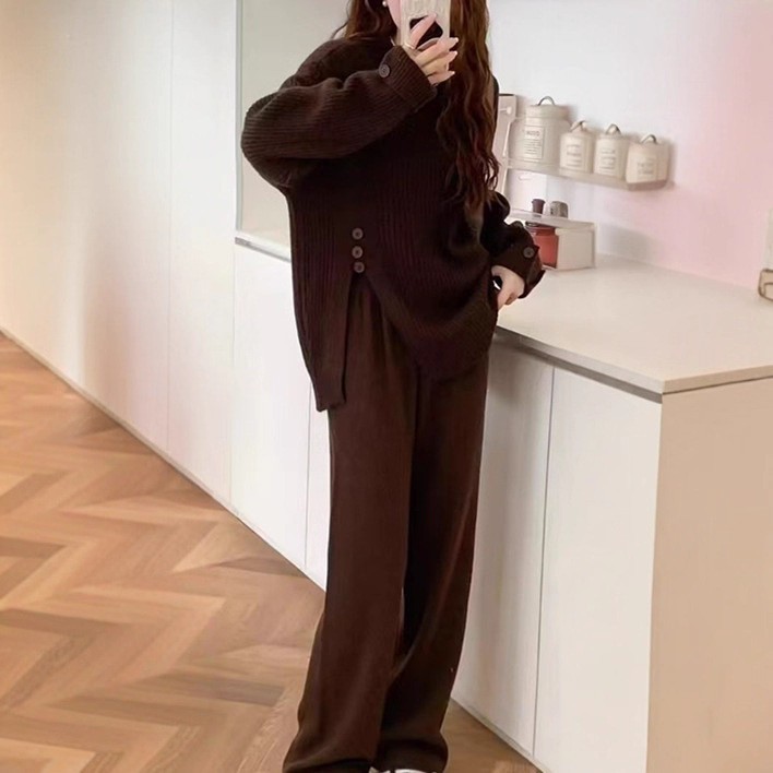 秋冬针织衫套装女2025新款圆领纯色上衣开叉针织衫毛衣裤子两件套|undefined