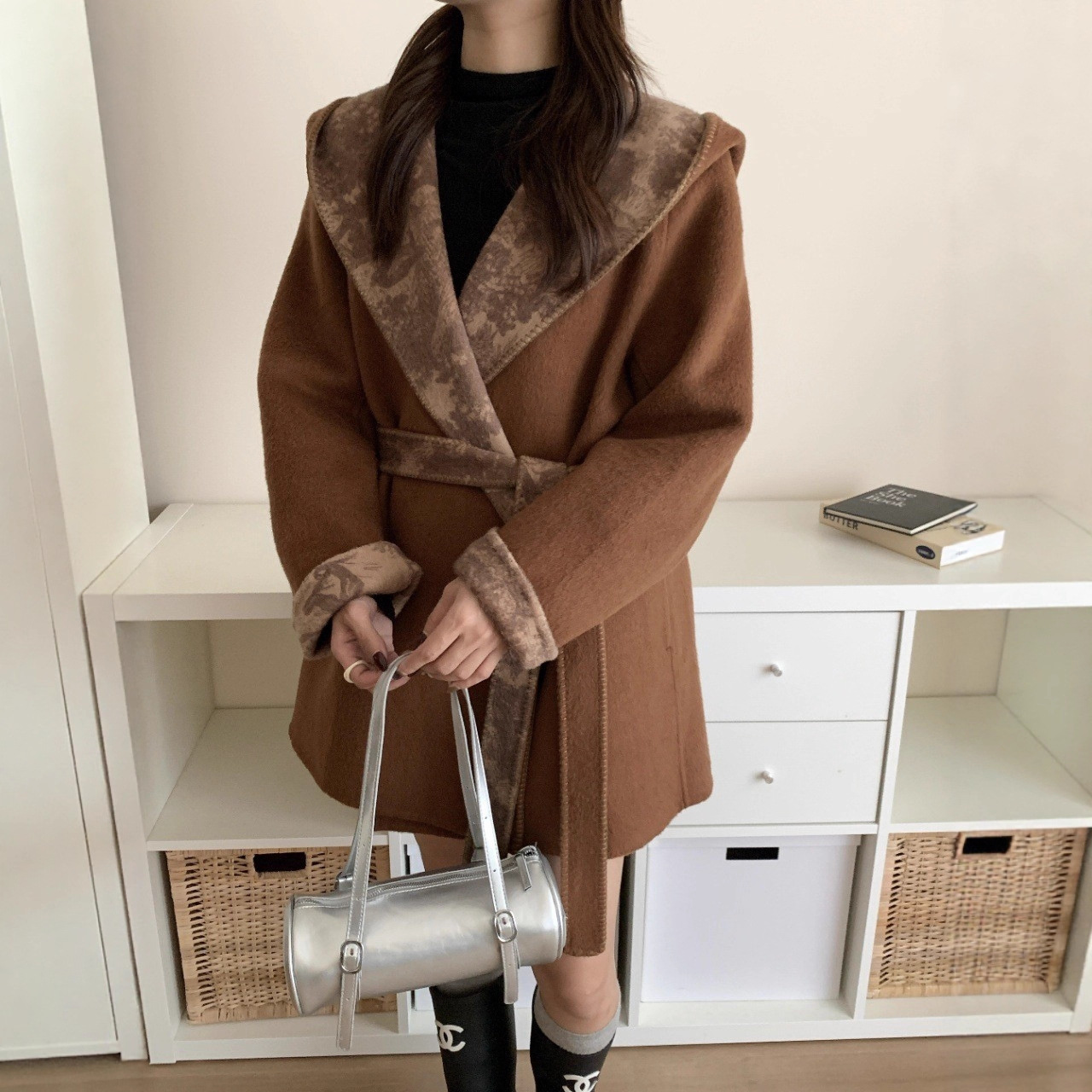 大牌韩系印花连帽双面羊毛大衣宽松系带大口袋加厚保暖羊毛呢外套