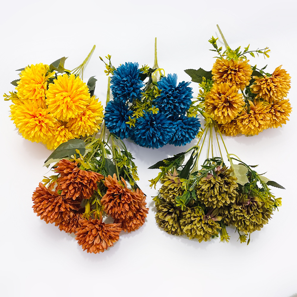 Simulación de 6 bolas de crisantemo mano mano mano única flor pequeña sala de bodas flores falsas transfronterizas flores paisaje pastoral
