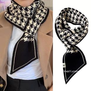 Women's scarf winter double-sided warm small scarf houndstooth chessboard Plaid bevel edge versatile neck protection small scarf