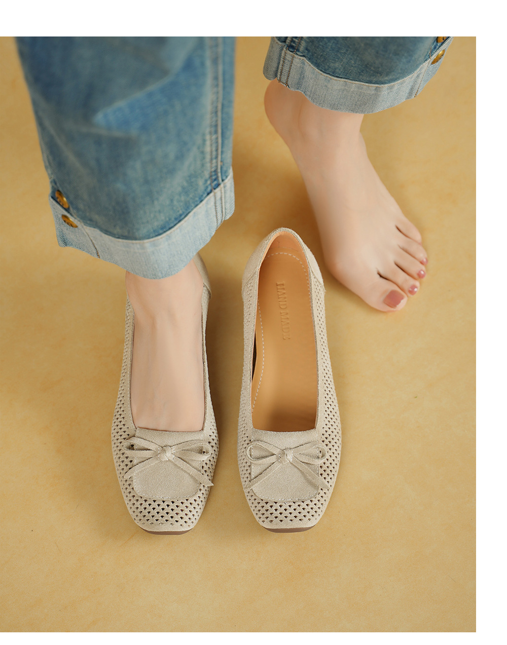 Giày cao gót nữ da lật bò mũi nhọn gót vuông 3.5cm, kiểu dáng nơ xinh — màu sắc chi tiết 5