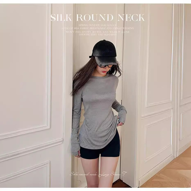 Special Offer Spring and Summer Silk Round Neck Versatile Long-Sleeve T-Shirt Pullover Ultra-Thin Breathable Lazy Style Fashionable Women's Top with Silk Finish Special Offer Spring and Summer Silk Round Neck Versatile Long-Sleeve T-Shirt Pullover Ultra-Thin Breathable Lazy Style Fashionable Women's Top with Silk Finish