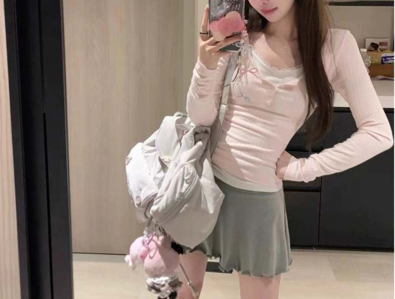 Light Pink Lace Pure Desire Bottoming Inner Spring New Long-Sleeved T-Shirt Women's Slimming Look Top
