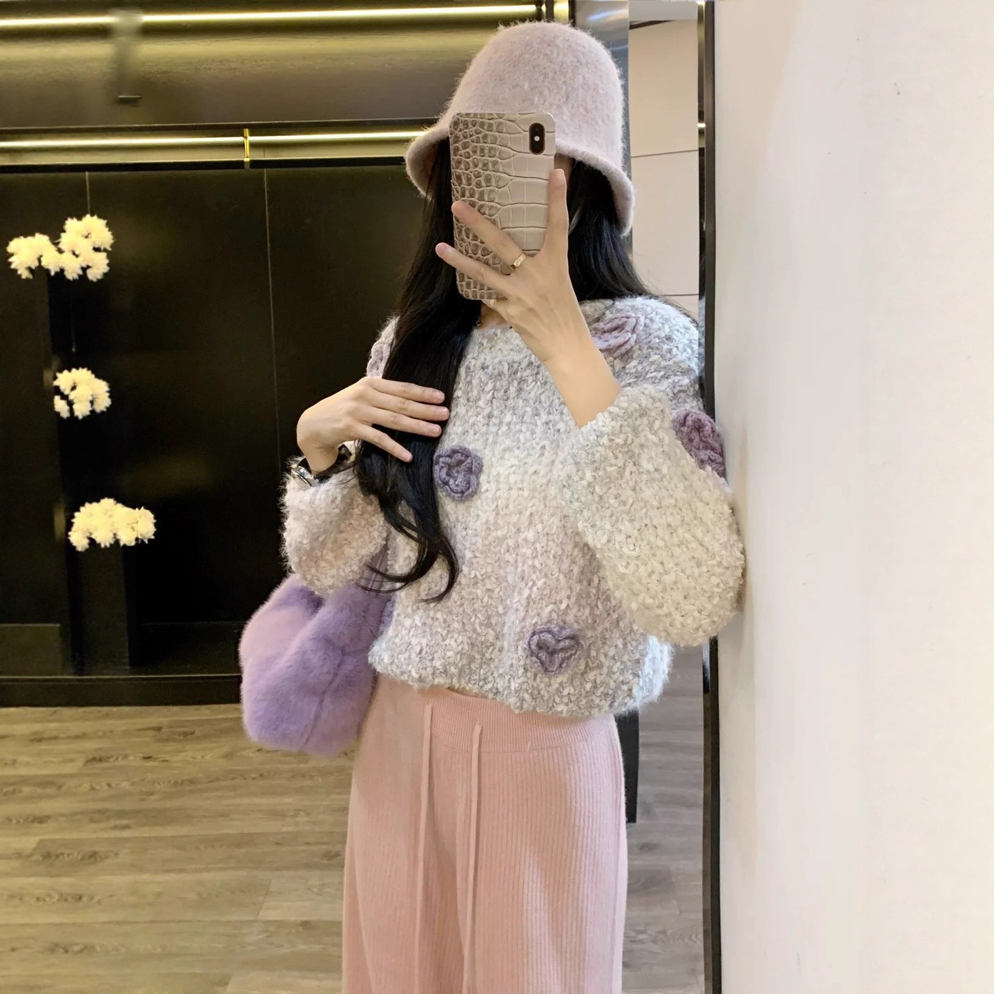 Suéter de Punto con Flores para Mujer de Poliéster con Cuello Redondo para Otoño e Invierno
