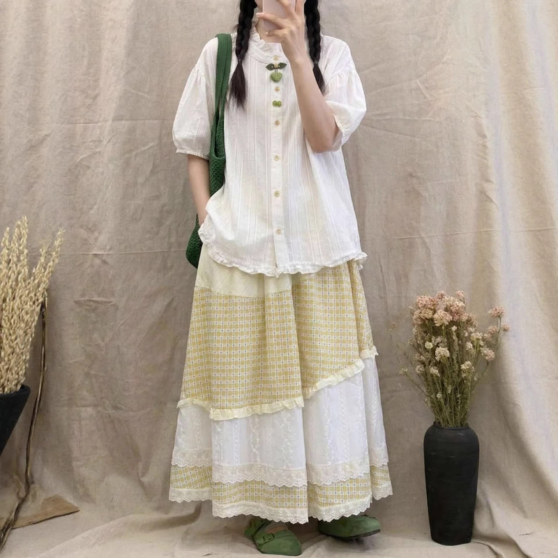 2026 Summer New Forest Style Plaid Lace Skirt for Women, High Waist Slimming Large Swing A-Line Long Layered Skirt