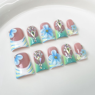 Nail Art European and American Duckbill Nails Ice Transparent French Three-Dimensional Blue Flower Hand-Painted Nail Patches Personalized Wearable Nails Purely Handmade